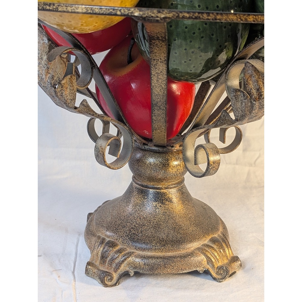 Vintage Ornate Metal Pedestal Fruit Bowl Centerpiece with Ceramic Faux Fruit - Picture 5 of 5